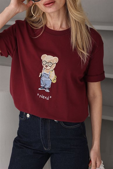 Bordo Ayıcık Nakışlı Basic Tshirt