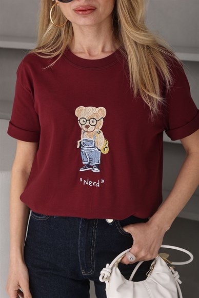Bordo Ayıcık Nakışlı Basic Tshirt