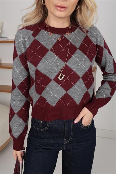 Bordo Baklava Desen Triko Kazak