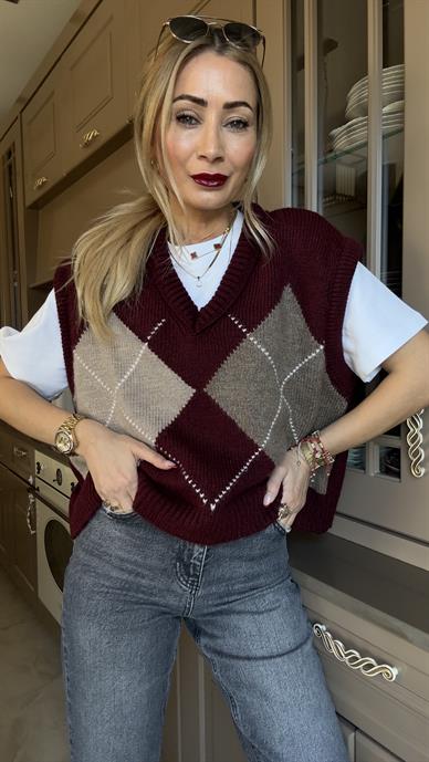 Bordo Bej Baklava Desen Süveter