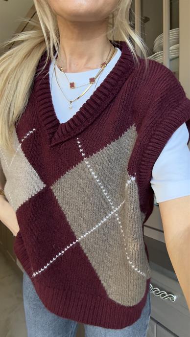 Bordo Bej Baklava Desen Süveter