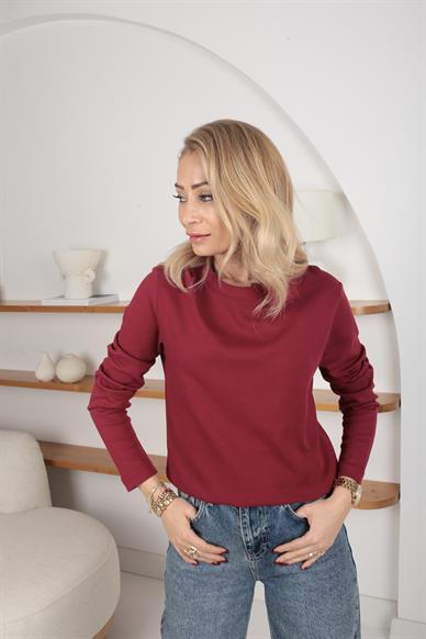 Bordo Bisiklet Yaka Uzun Kol İnce Sweatshirt