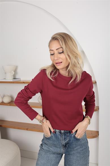 Bordo Bisiklet Yaka Uzun Kol İnce Sweatshirt