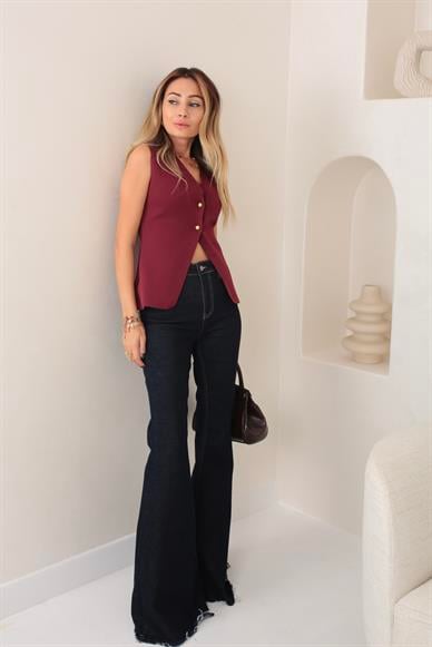 Bordo Çelik  Örgü Gold Düğme Detay Yelek