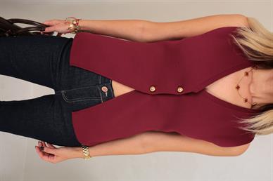 Bordo Çelik  Örgü Gold Düğme Detay Yelek