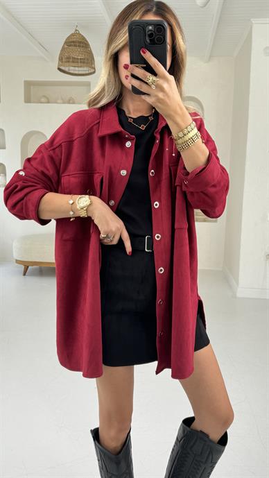 Bordo Çıtçıtlı Nubuk Oversize Gömlek