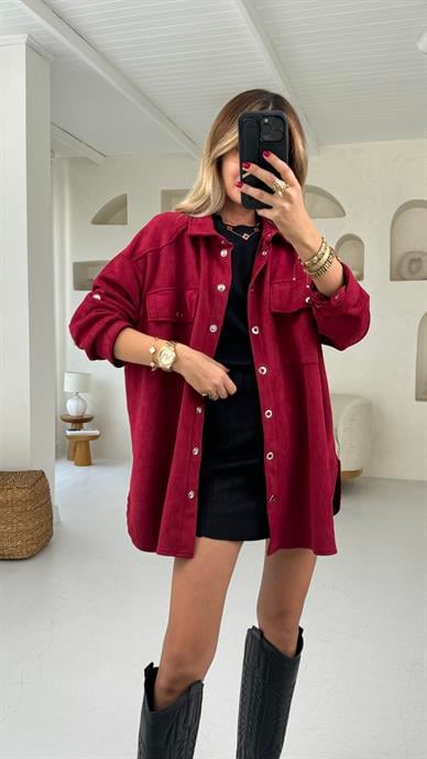 Bordo Çıtçıtlı Nubuk Oversize Gömlek