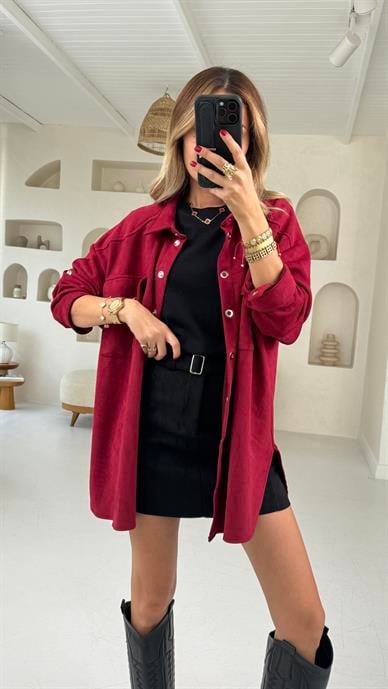 Bordo Çıtçıtlı Nubuk Oversize Gömlek