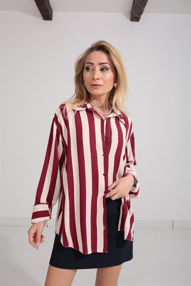 Bordo Çizgili Keten Gömlek