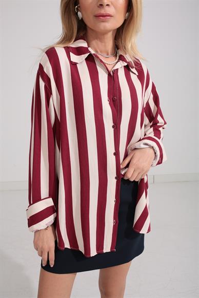 Bordo Çizgili Keten Gömlek