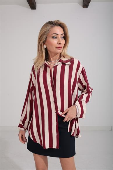 Bordo Çizgili Keten Gömlek