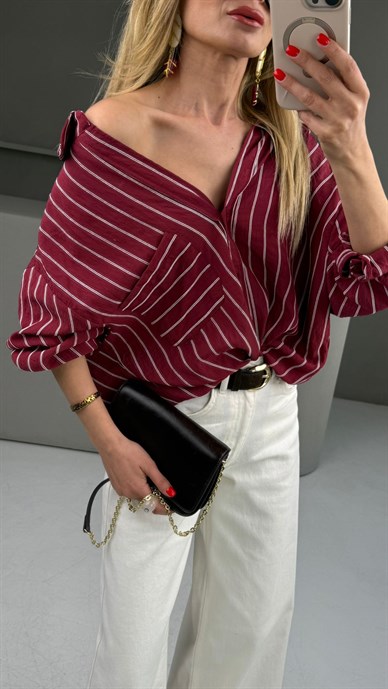 Bordo Çizgili Oversize Gömlek