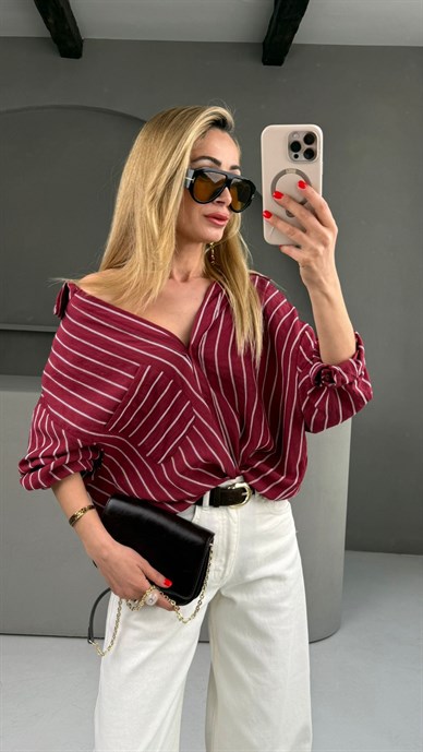 Bordo Çizgili Oversize Gömlek