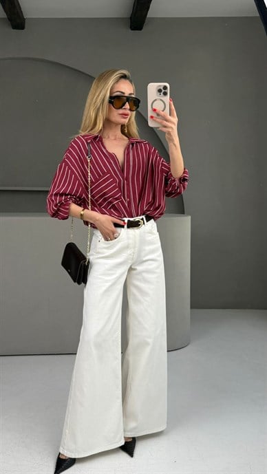Bordo Çizgili Oversize Gömlek