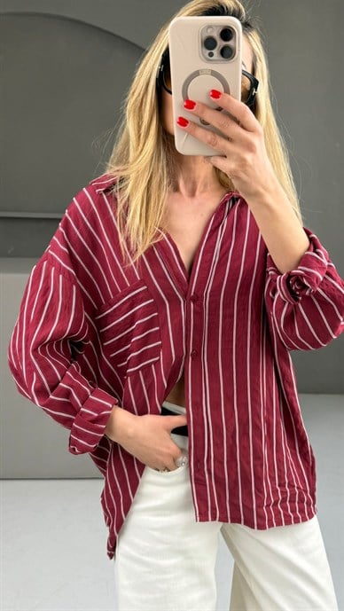 Bordo Çizgili Oversize Gömlek