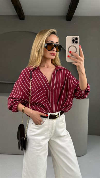 Bordo Çizgili Oversize Gömlek