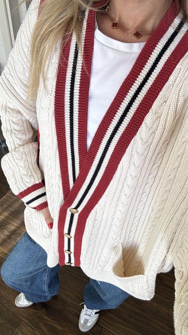 Bordo Çizgili Selanik Örgü Oversize Ekru Hırka