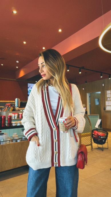 Bordo Çizgili Selanik Örgü Oversize Ekru Hırka