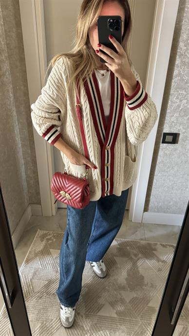 Bordo Çizgili Selanik Örgü Oversize Ekru Hırka