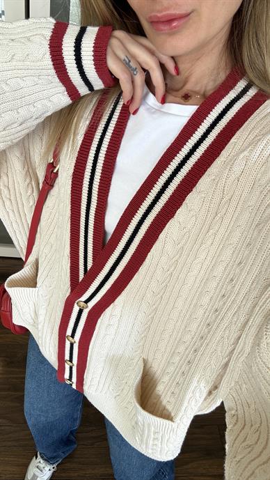 Bordo Çizgili Selanik Örgü Oversize Ekru Hırka