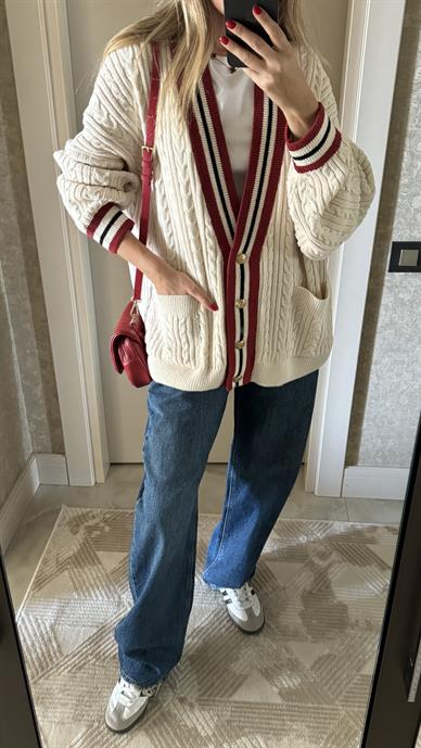 Bordo Çizgili Selanik Örgü Oversize Ekru Hırka