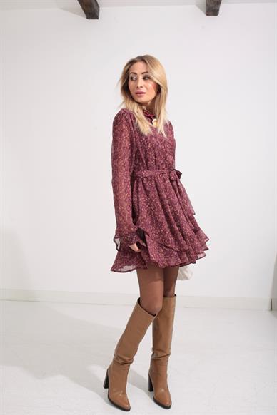 Bordo Desenli Katlı Şifon Elbise