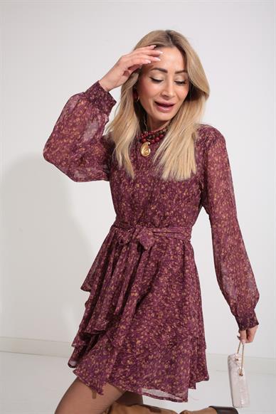 Bordo Desenli Katlı Şifon Elbise
