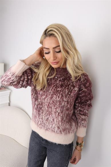 Bordo Desenli Taşlı Triko Kazak