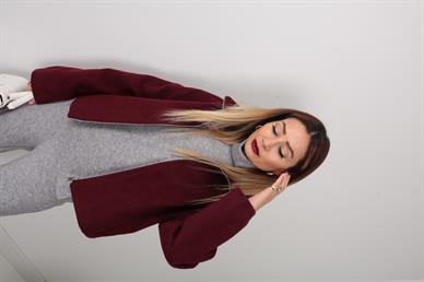 Bordo Dik Yaka Fermuarlı Kısa Kaşe Ceket
