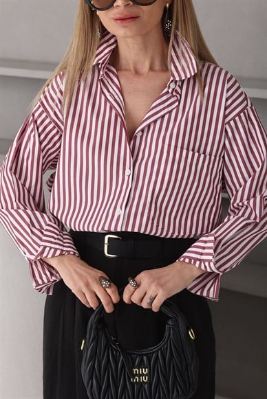 Bordo İnce Çizgili Gömlek