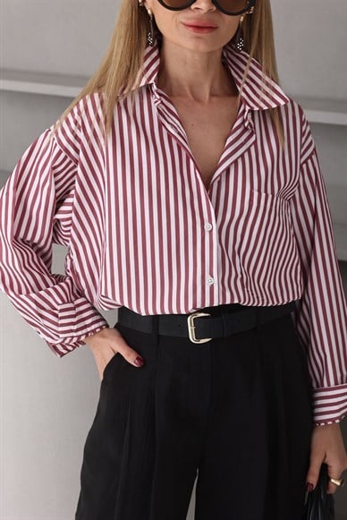 Bordo İnce Çizgili Gömlek