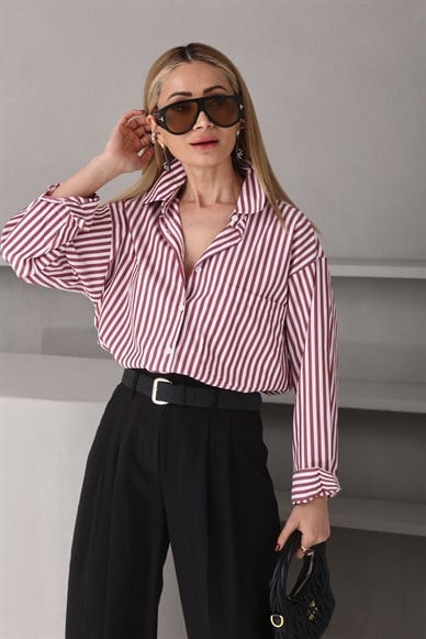 Bordo İnce Çizgili Gömlek