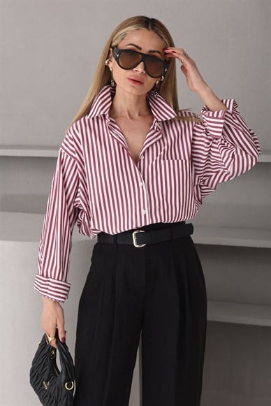 Bordo İnce Çizgili Gömlek