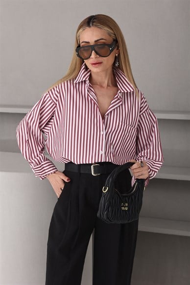 Bordo İnce Çizgili Gömlek