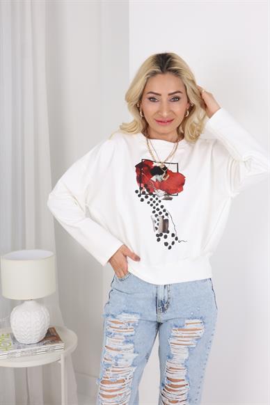 Bordo Kadın Desenli  Beyaz Sweatshirt