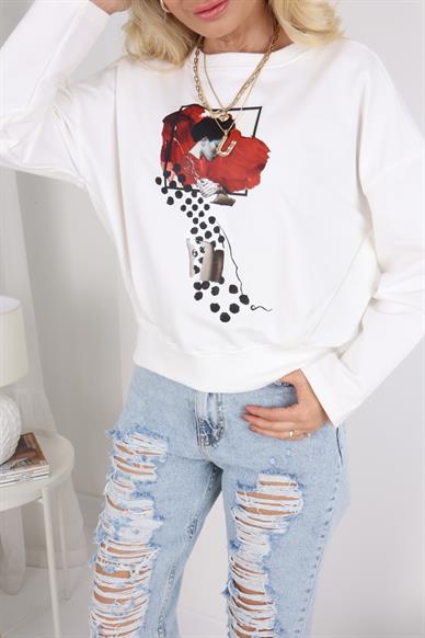 Bordo Kadın Desenli  Beyaz Sweatshirt