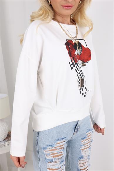 Bordo Kadın Desenli  Beyaz Sweatshirt