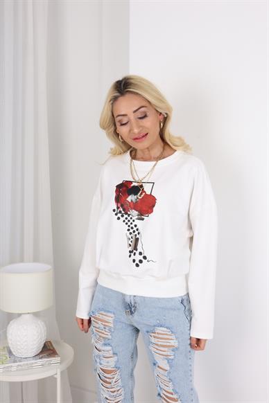 Bordo Kadın Desenli  Beyaz Sweatshirt
