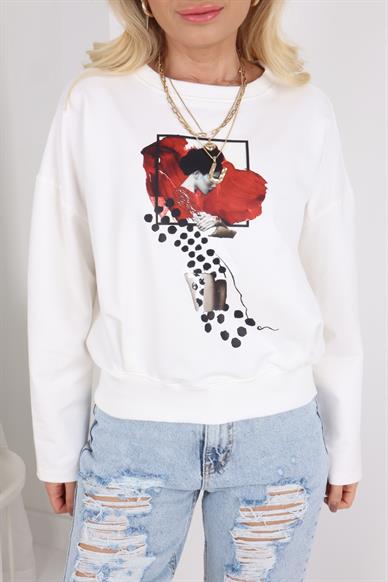 Bordo Kadın Desenli  Beyaz Sweatshirt