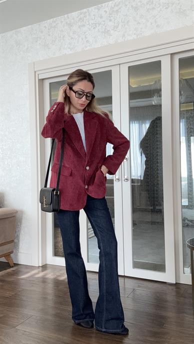 Bordo Kalın Fitilli Kadife Ceket