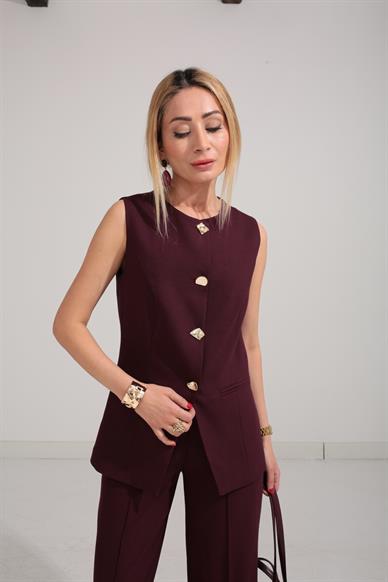 Bordo Karma Düğme Yelek Takım