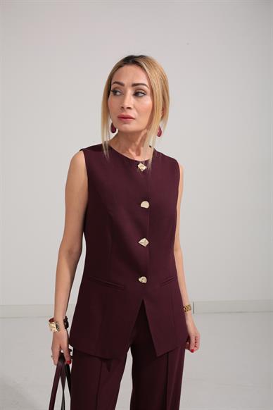 Bordo Karma Düğme Yelek Takım