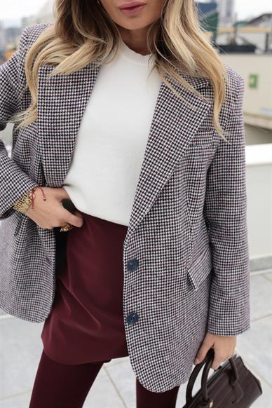 Bordo Kazayağı Desenli Blazer Ceket
