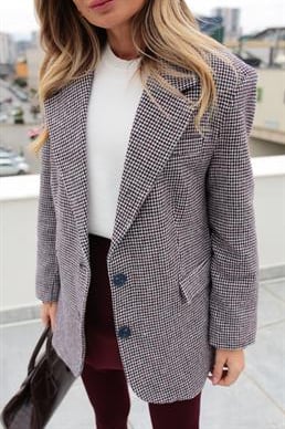 Bordo Kazayağı Desenli Blazer Ceket