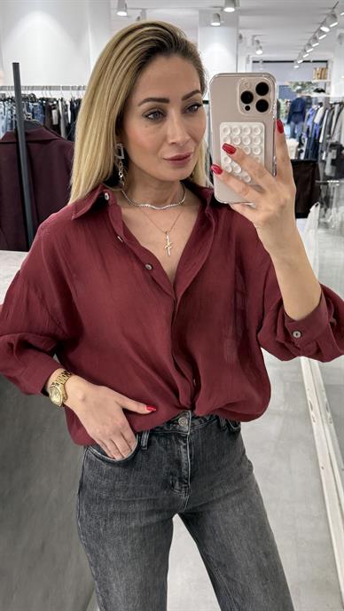 Bordo Kırışık Oversize Gömlek