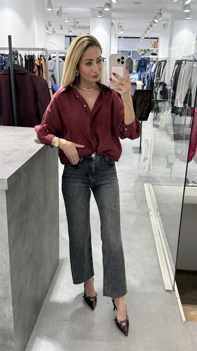 Bordo Kırışık Oversize Gömlek