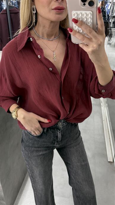 Bordo Kırışık Oversize Gömlek