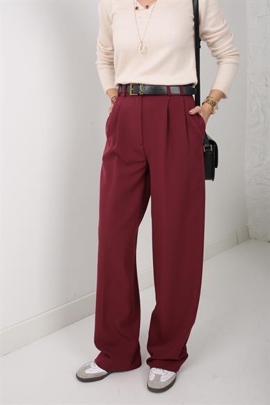 Bordo Kopçalı Palazzo Pantolon