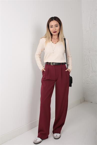 Bordo Kopçalı Palazzo Pantolon