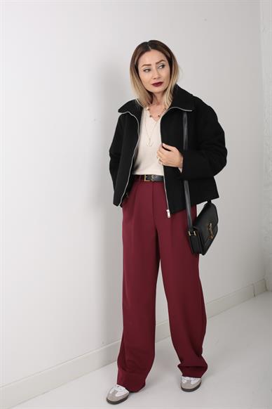 Bordo Kopçalı Palazzo Pantolon